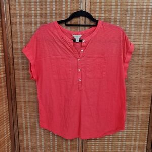 ◇ Lucky Brand Coral Split Neck Textured Short Sleeve Henley Top Size Medium